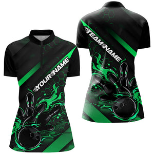 Custom Black And Green Flame Bowling Shirts For Women, Bowling Team Bowling League Shirts IPHW7506