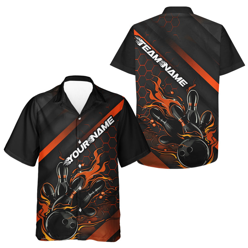 Custom Black And Orange Flame Bowling Hawaiian Shirts For Men, Bowling Team Bowling League Shirts IPHW7508