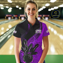 Load image into Gallery viewer, Custom Black And Purple Flame Bowling Polo Shirt For Women, Bowling Team League Shirt IPHW9874