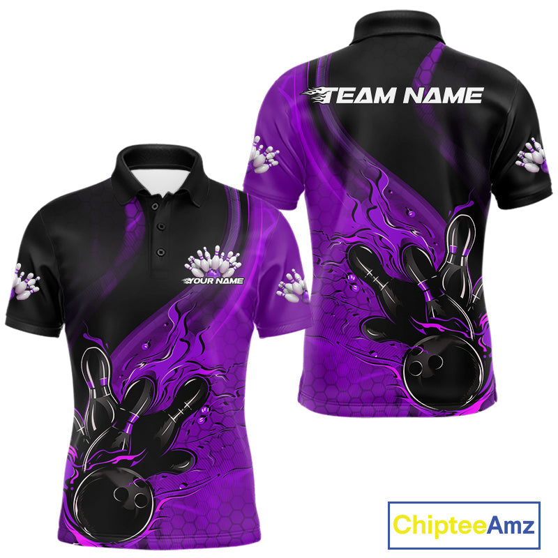 Custom Black And Purple Flame Bowling Polo Shirt For Men, Bowling Team League Shirt IPHW9874