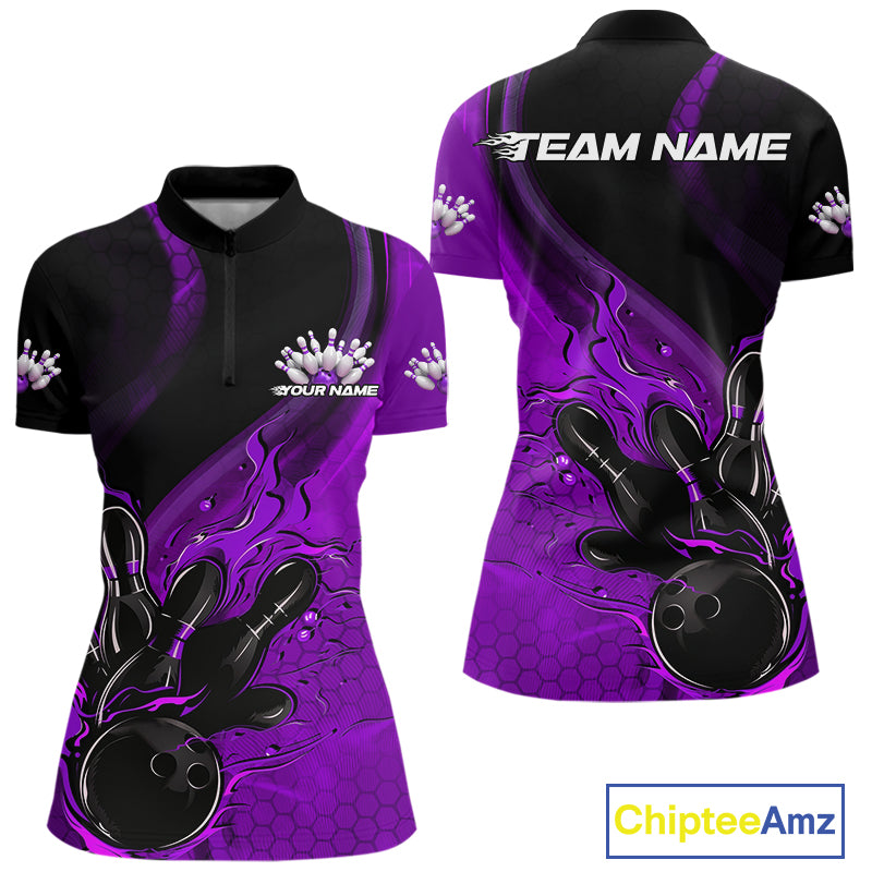 Custom Black And Purple Flame Bowling Women Quarter-Zip Shirt, Bowling Team League Shirt IPHW9874