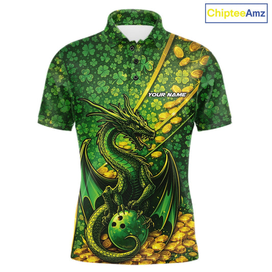 Custom St Patricks Day Dragon Bowling Shirt, Golden Coins And Shamrock Saint Paddy Bowling League Shirt IPHW10506