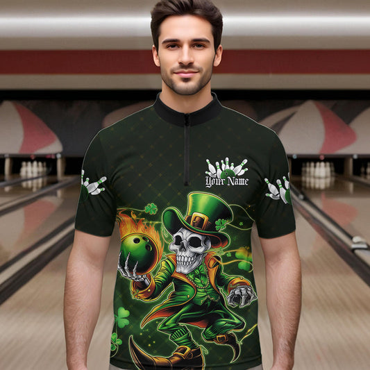 Custom Funny St Patricks Day Leprechaun Skull Bowling Team Quarter-Zip Shirts, Tournament Outfits IPHW8605
