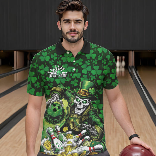 Custom Funny Saint Patricks Day Skull And Beer Bowling Polo Shirt For Men, Lucky Team Shirt IPHW8607