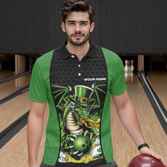 Custom Black And Green St Patricks Dragon Bowling Polo Shirts For Men, Lucky Dragon Bowling IPHW8608