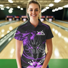 Load image into Gallery viewer, Custom Black And Purple Flame Dragon Bowling Team Women Polo Shirts, Bowling League Shirt IPHW8912