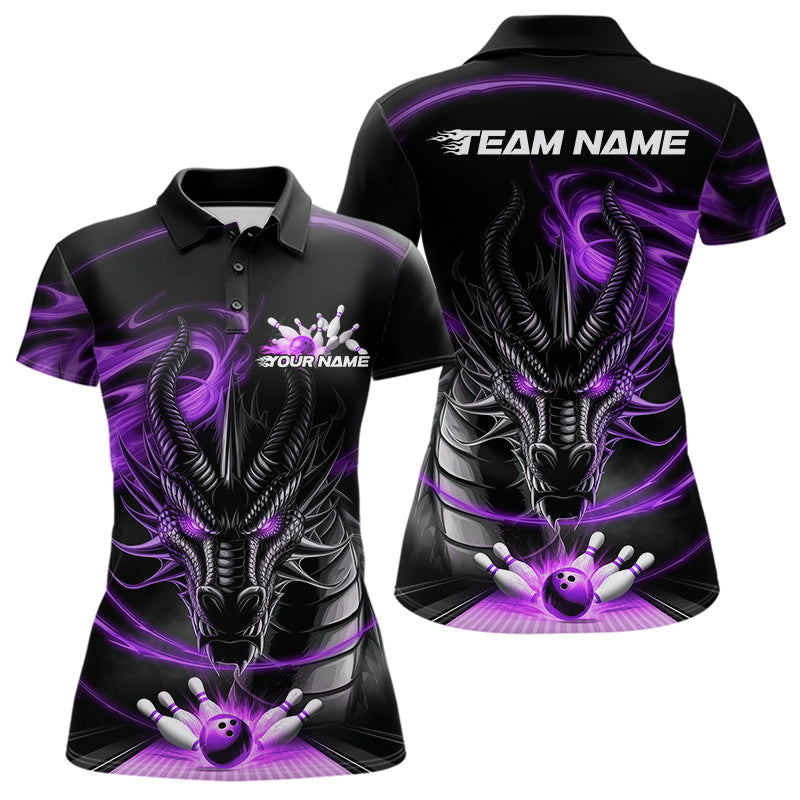 Custom Black And Purple Flame Dragon Bowling Team Women Polo Shirts, Bowling League Shirt IPHW8912