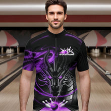 Load image into Gallery viewer, Custom Black And Purple Flame Dragon Bowling Team Men Quarter-Zip Shirts, Bowling League Shirt IPHW8912