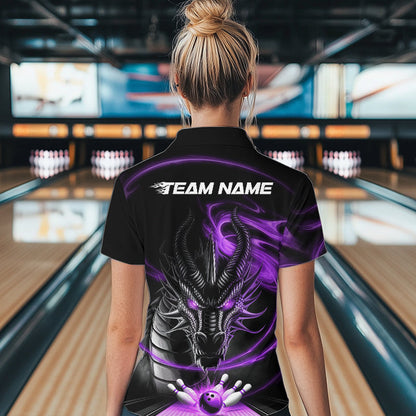 Custom Black And Purple Flame Dragon Bowling Women Quarter-Zip Shirts, Bowling League Shirt IPHW8912
