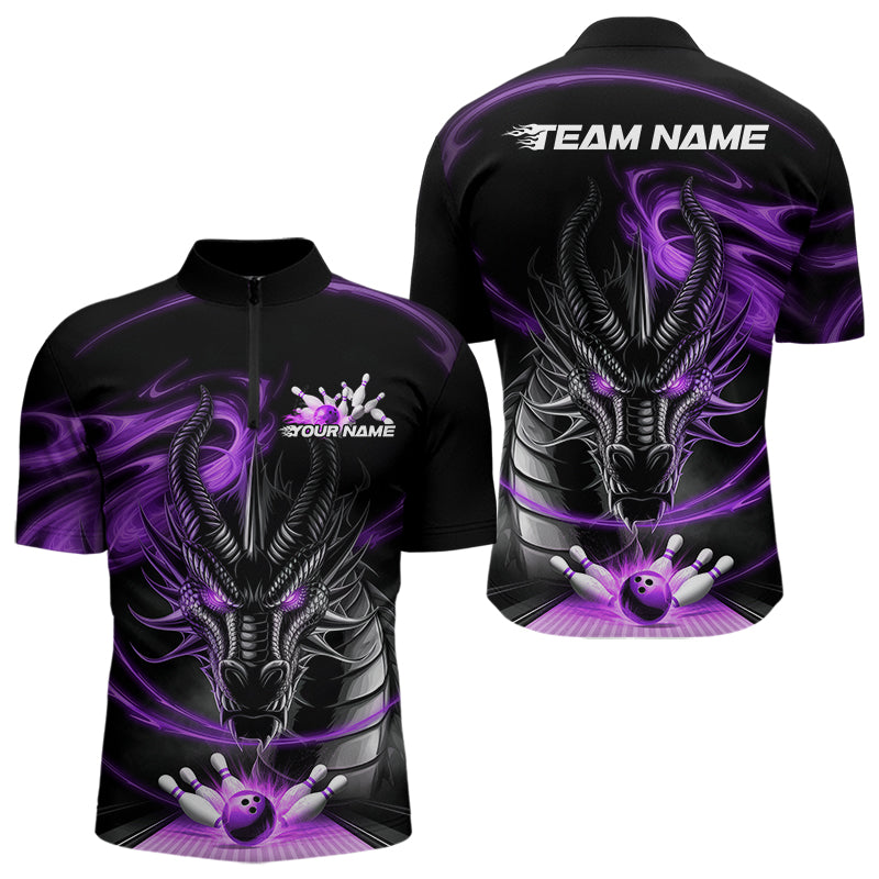Custom Black And Purple Flame Dragon Bowling Team Men Quarter-Zip Shirts, Bowling League Shirt IPHW8912