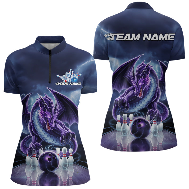 Custom Blue Thunder Lightning Purple Dragon Bowling Team Women Quarter-Zip Shirts IPHW8922