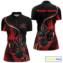 Load image into Gallery viewer, Womens quarter zip bowling shirt mockup, black and red version showcasing fiery bowling ball knocking down pins bold illustration