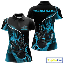 Load image into Gallery viewer, Front and back mockup of women’s black and blue polo shirt featuring flame bowling ball striking pins in clean, modern sports apparel styling.