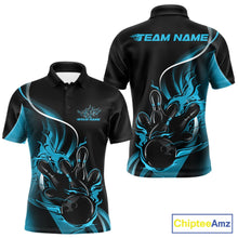 Load image into Gallery viewer, Front and back view mockup of a men’s black and blue polo shirt featuring a flame bowling ball striking pins in a clean, modern sports apparel style.