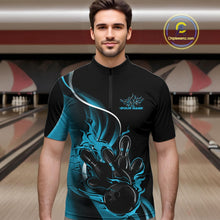 Load image into Gallery viewer, Male model front view in bowling alley wearing black and blue quarter zip shirt with flame bowling ball hitting pins illustration