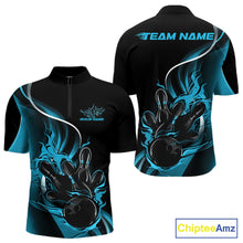 Load image into Gallery viewer, Mens quarter zip bowling shirt mockup, black and blue version featuring flaming bowling ball striking pins dynamic artwork