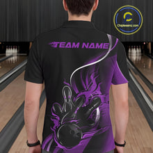 Load image into Gallery viewer, Male model seen from the back in a bowling lane wearing a black and purple polo shirt featuring a flame bowling ball striking pins in an energetic motion design.
