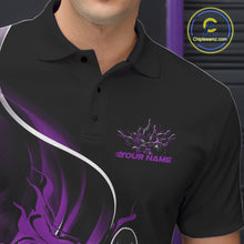 Load image into Gallery viewer, Close-up view of the left chest area of a black and purple bowling polo shirt showing a flame bowling ball and pins design detail.