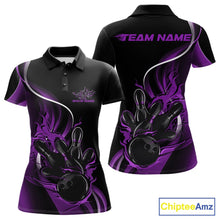 Load image into Gallery viewer, Front and back mockup of women’s black and purple polo shirt featuring flame bowling ball striking pins in striking, energetic apparel design.