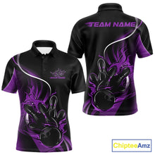 Load image into Gallery viewer, Front and back view mockup of a men’s black and purple polo shirt featuring a flame bowling ball striking pins in a bold sports apparel design.