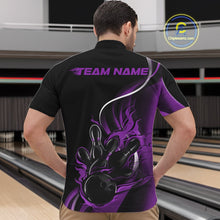 Load image into Gallery viewer, Male model front view in bowling alley wearing black and purple quarter zip shirt with flaming bowling ball knocking down pins graphics