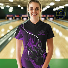 Load image into Gallery viewer, Female model front view inside bowling alley wearing black and purple quarter zip shirt with fiery bowling strike themed graphics