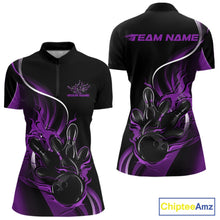Load image into Gallery viewer, Womens quarter zip bowling shirt mockup, black and purple version with flaming bowling ball striking pins vibrant action illustration