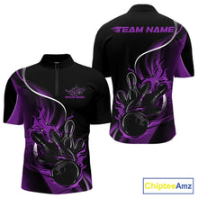 Load image into Gallery viewer, Mens quarter zip bowling shirt mockup, black and purple version showcasing flaming bowling ball striking pins bold design