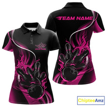 Load image into Gallery viewer, Front and back mockup of women’s black and pink polo shirt featuring flame bowling ball striking pins in bold, colorful sportswear design.