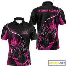 Load image into Gallery viewer, Front and back view mockup of a men’s black and pink polo shirt featuring a flame bowling ball striking pins in a bold and colorful sports apparel design.