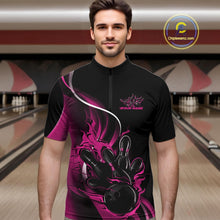 Load image into Gallery viewer, Male model front view in bowling alley wearing black and pink quarter zip shirt featuring flame bowling strike themed graphics