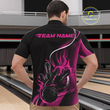 Load image into Gallery viewer, Male model front view at bowling lane wearing black and pink quarter zip shirt with flaming bowling ball hitting pins energetic artwork