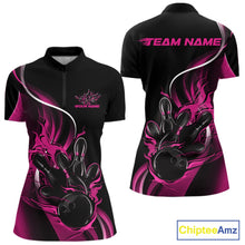 Load image into Gallery viewer, Womens quarter zip bowling shirt mockup, black and pink colorway showcasing fiery bowling ball hitting pins illustrative design