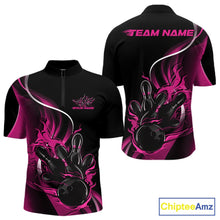 Load image into Gallery viewer, Mens quarter zip bowling shirt mockup, black and pink colorway with flaming bowling ball striking pins dynamic illustration