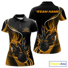 Load image into Gallery viewer, Front and back mockup of women’s black and yellow polo shirt featuring flame bowling ball striking pins in vibrant sports apparel presentation.