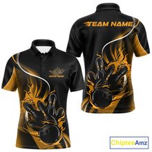 Load image into Gallery viewer, Front and back view mockup of a men’s black and yellow polo shirt featuring a flame bowling ball striking pins in a vibrant sports apparel style.