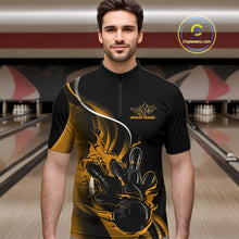 Load image into Gallery viewer, Male model front view at bowling lane wearing black and yellow quarter zip shirt with flame bowling strike graphics and energetic design
