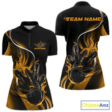 Load image into Gallery viewer, Womens quarter zip bowling shirt mockup, black and yellow version showcasing flaming bowling ball striking pins dynamic graphics