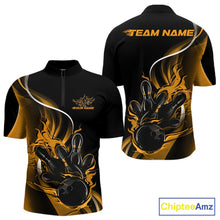 Load image into Gallery viewer, Mens quarter zip bowling shirt mockup, black and yellow version showcasing flaming bowling ball knocking down pins bold illustration