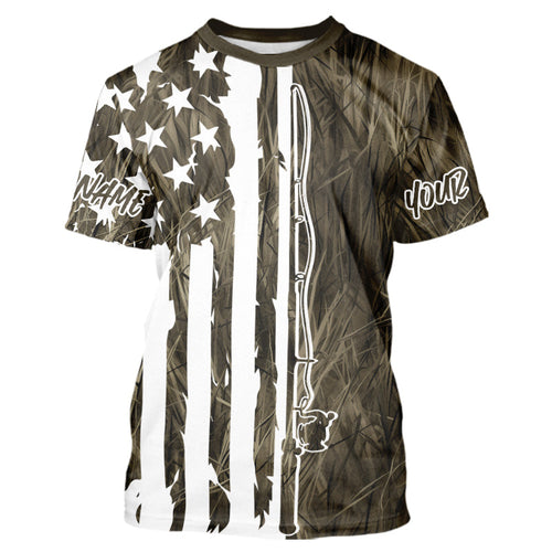 Custom US Fishing Rod Grass Camo Patriotic Fishing T-Shirts IPHW9135