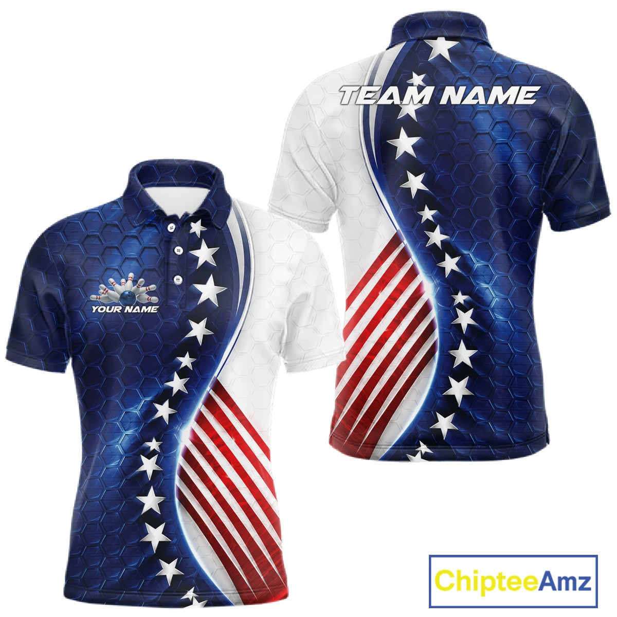 Custom Patriotic Bowling Shirt, Red White And Blue Hexagon American Flag Men Polo Shirt IPHW11640