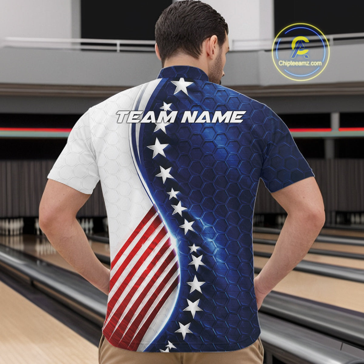 Custom Patriotic Bowling Shirt, Red White And Blue Hexagon American Flag Men Quarter Zip Shirt IPHW11640