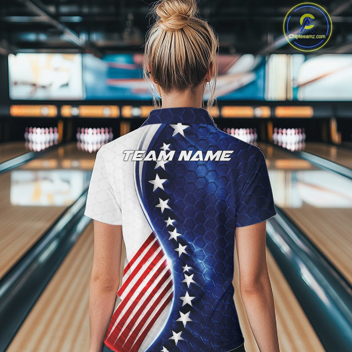 Custom Patriotic Bowling Shirt, Red White And Blue Hexagon American Flag Women Shirt IPHW11640