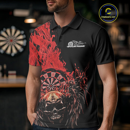Custom Red Fire Flame Skull With Wings Dart Team Men Polo Shirt, Halloween Outfit IPHW10046