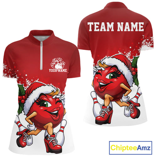 Custom Cute Funny Ladies Christmas Bowling Quarter-Zip Shirts, Women Team Xmas Outfit IPHW10136