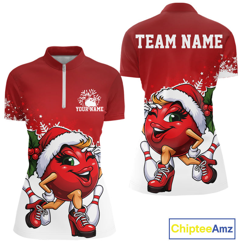 Custom Cute Funny Ladies Christmas Bowling Quarter-Zip Shirts, Women Team Xmas Outfit IPHW10136