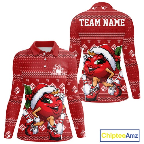 Custom Cute Funny Ladies Christmas Bowling Long Sleeve Polo Shirts, Women Team Xmas Outfit IPHW10139