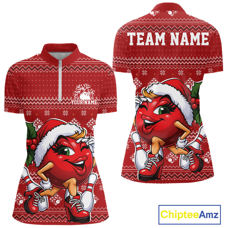 Custom Cute Funny Ladies Christmas Bowling Quarter-Zip Shirts, Women Team Xmas Outfit IPHW10139