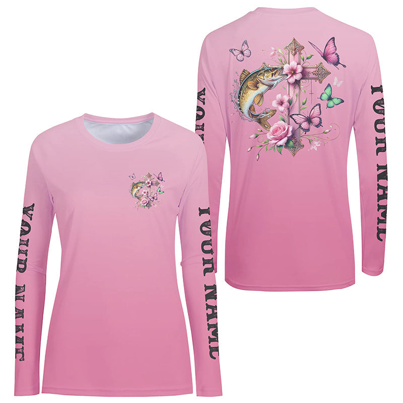 Pink Flower And Butterflies Custom Faith Walleye Long Sleeve Fishing Shirts For Women IPHW8183