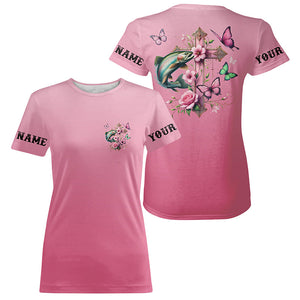 Pink Flower And Butterflies Custom Faith Rainbow Trout Fishing T-Shirts For Women IPHW8184